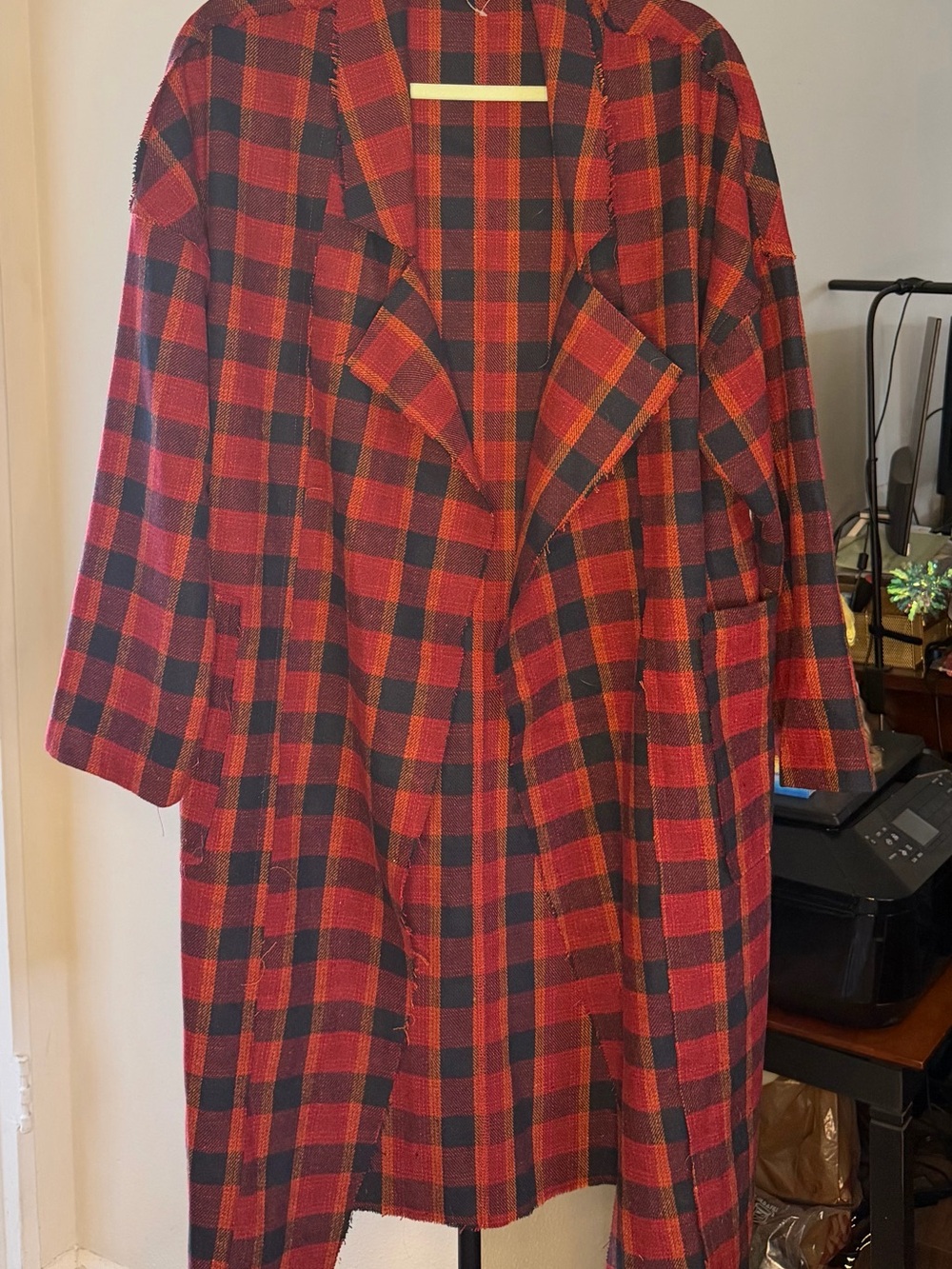 POL Boho Grunge Red/Navy Plaid Duster Cardigan Shacket Coat Womens S